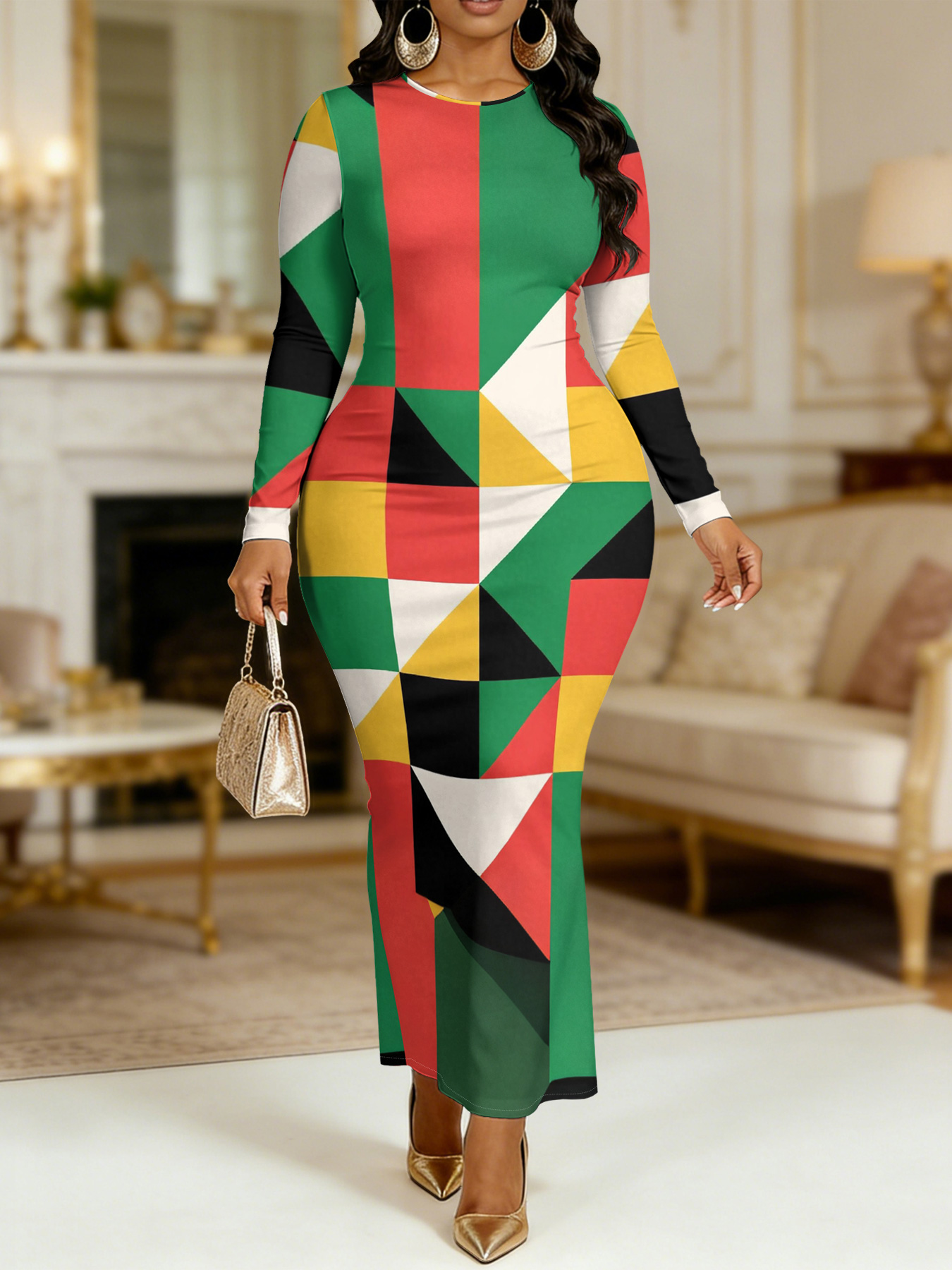 Bold Geometric Color Block Round Sleeve Neck Long Bodycon Dress