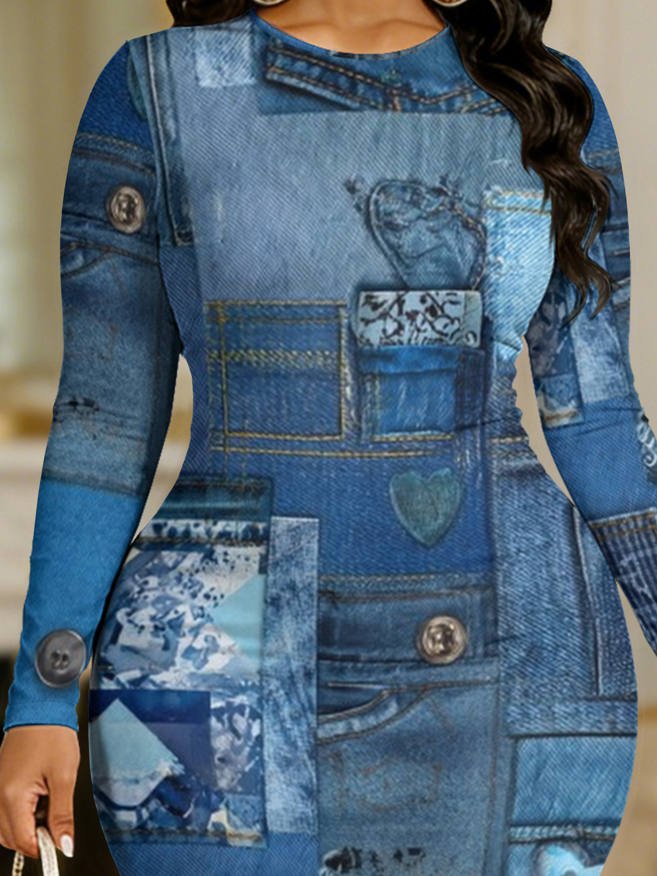 Faded Denim Round Sleeve Neck Long Bodycon Dress