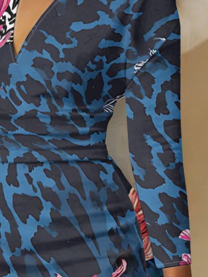 Blue Leopard Pink Floral V-Neck Bodycon Midi Dress