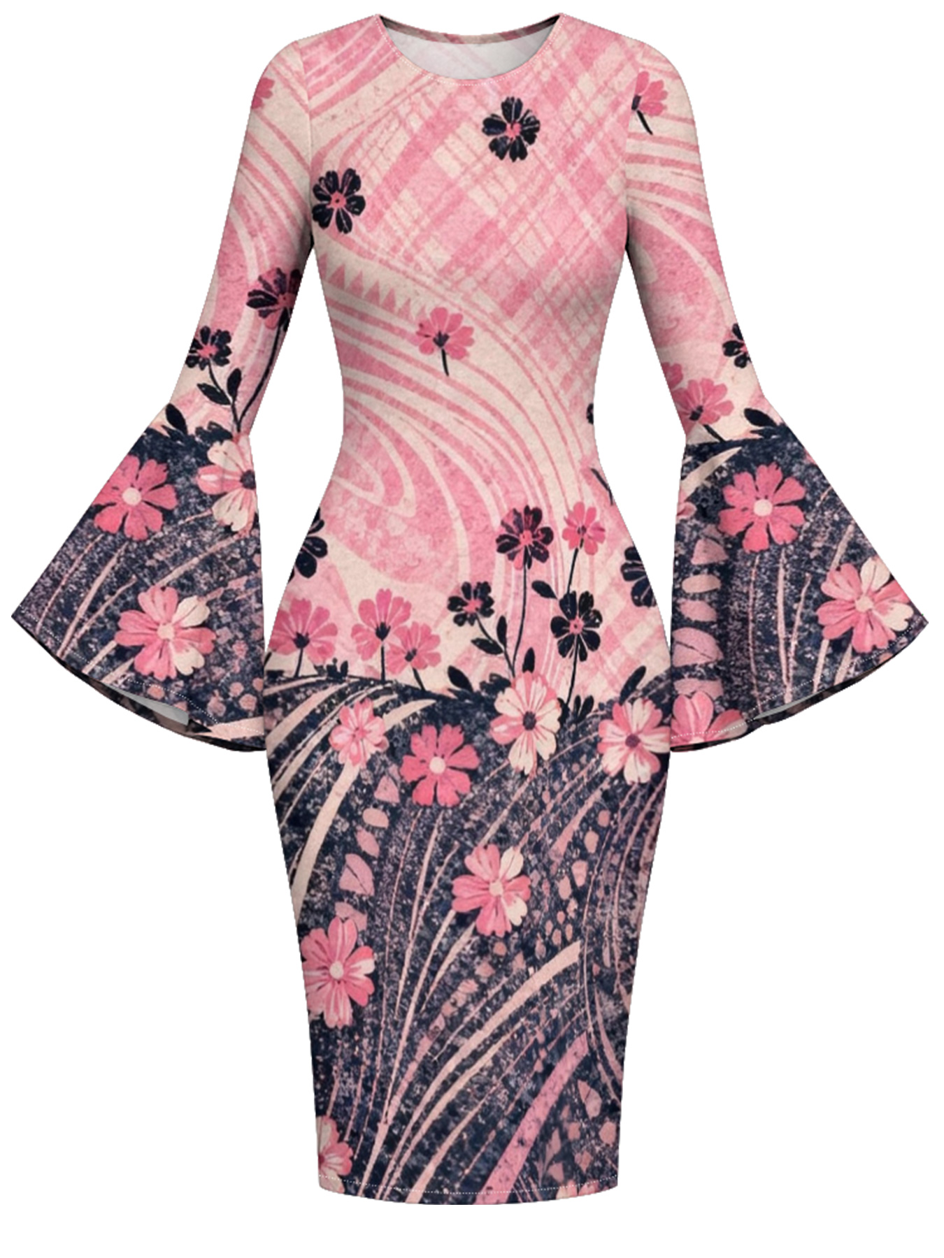 Pink Navy Floral Flare Sleeve Bodycon Midi Dress RQP531