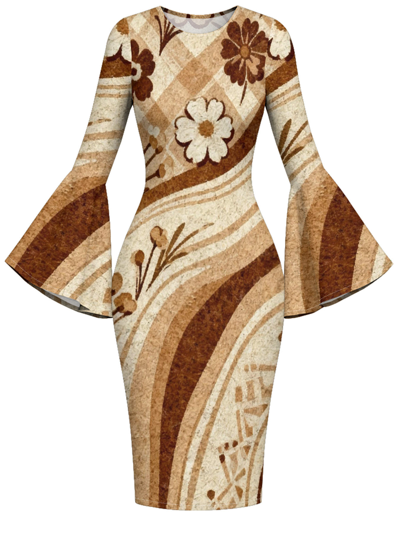 Tan Floral Stripe Flare Sleeve Bodycon Midi Dress NML963