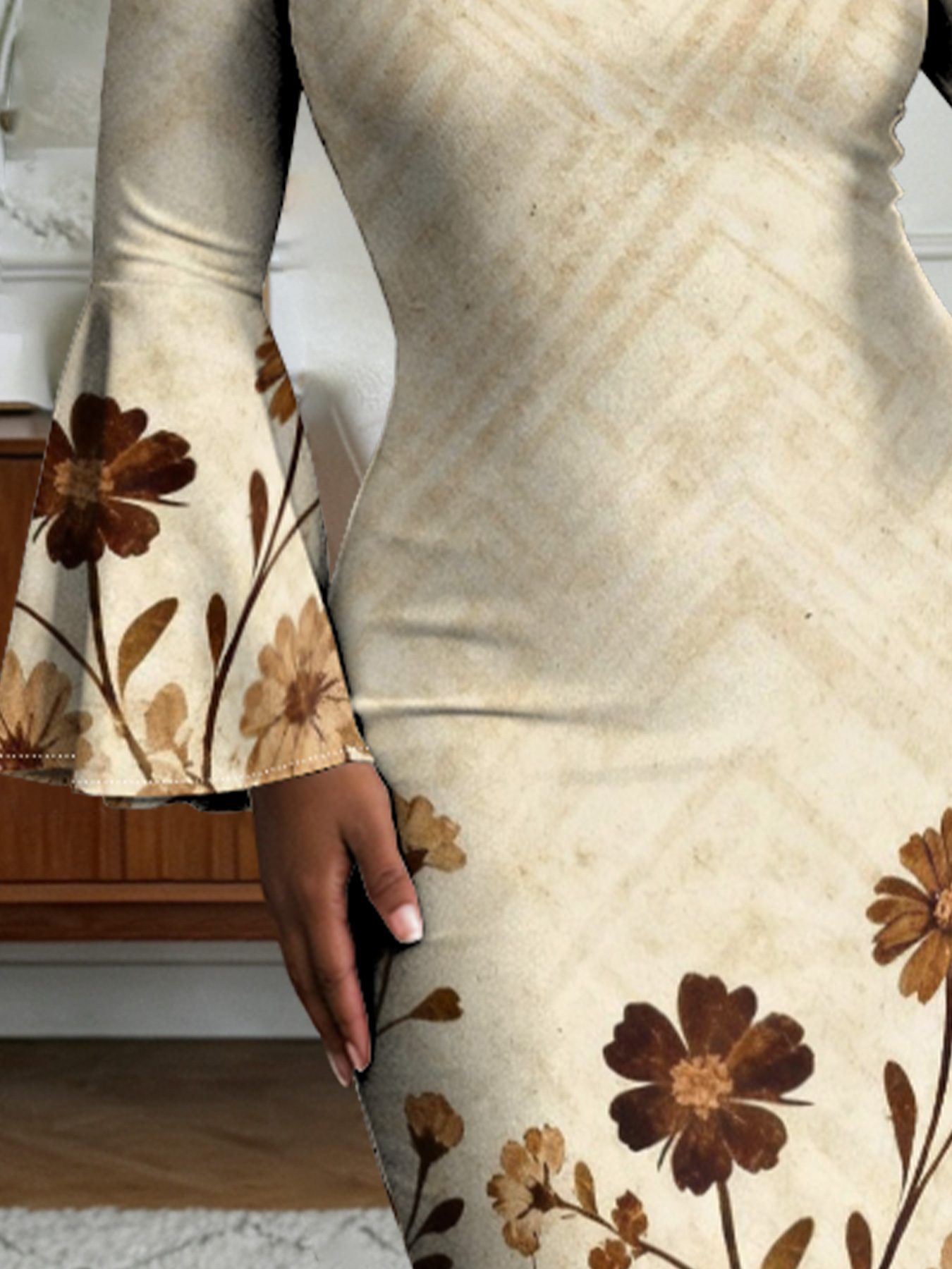 Beige Chevron Floral Flare Sleeve Bodycon Midi Dress FED951