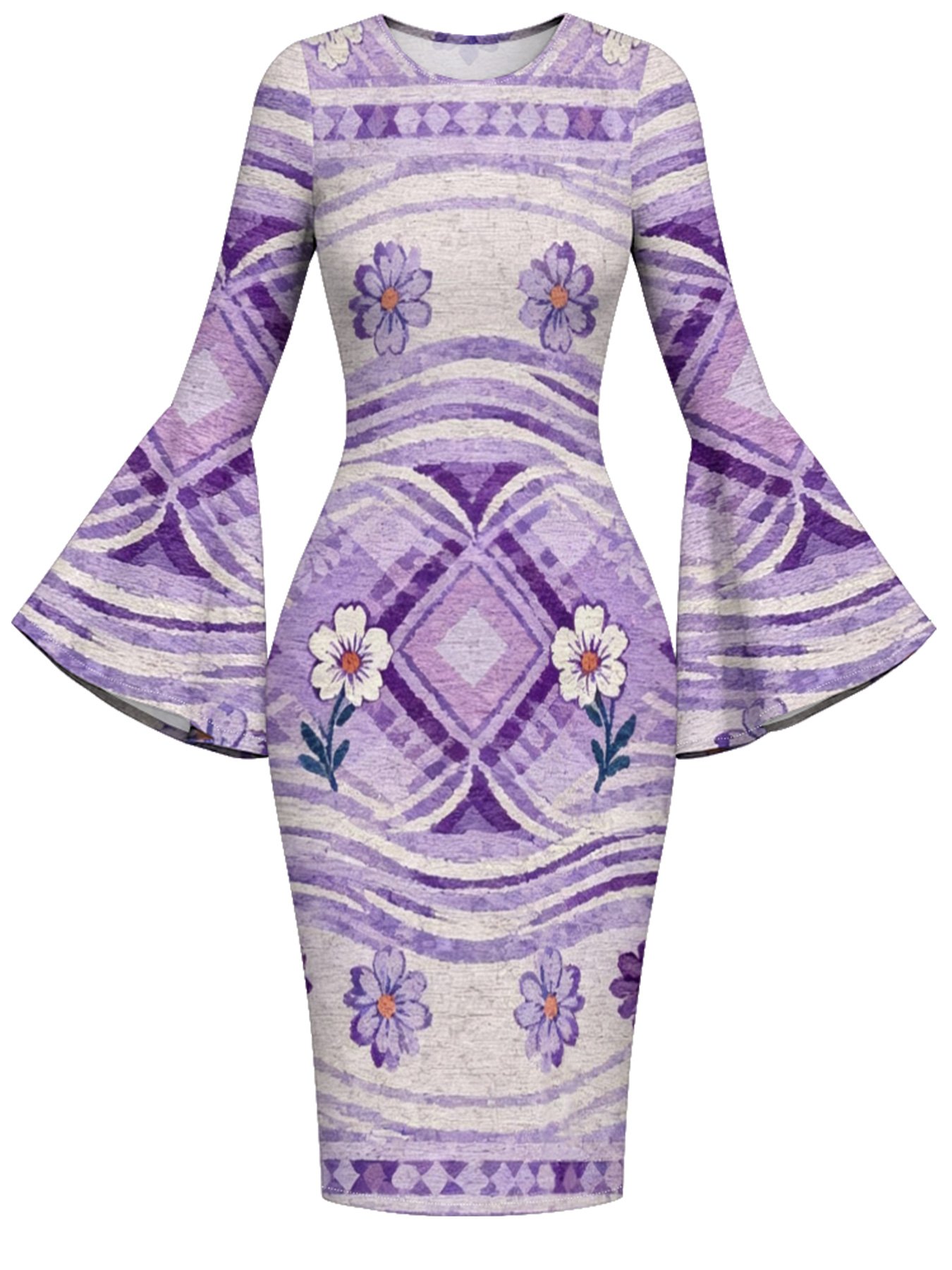 Purple Geometric Floral Flare Sleeve Bodycon Midi Dress DCB840