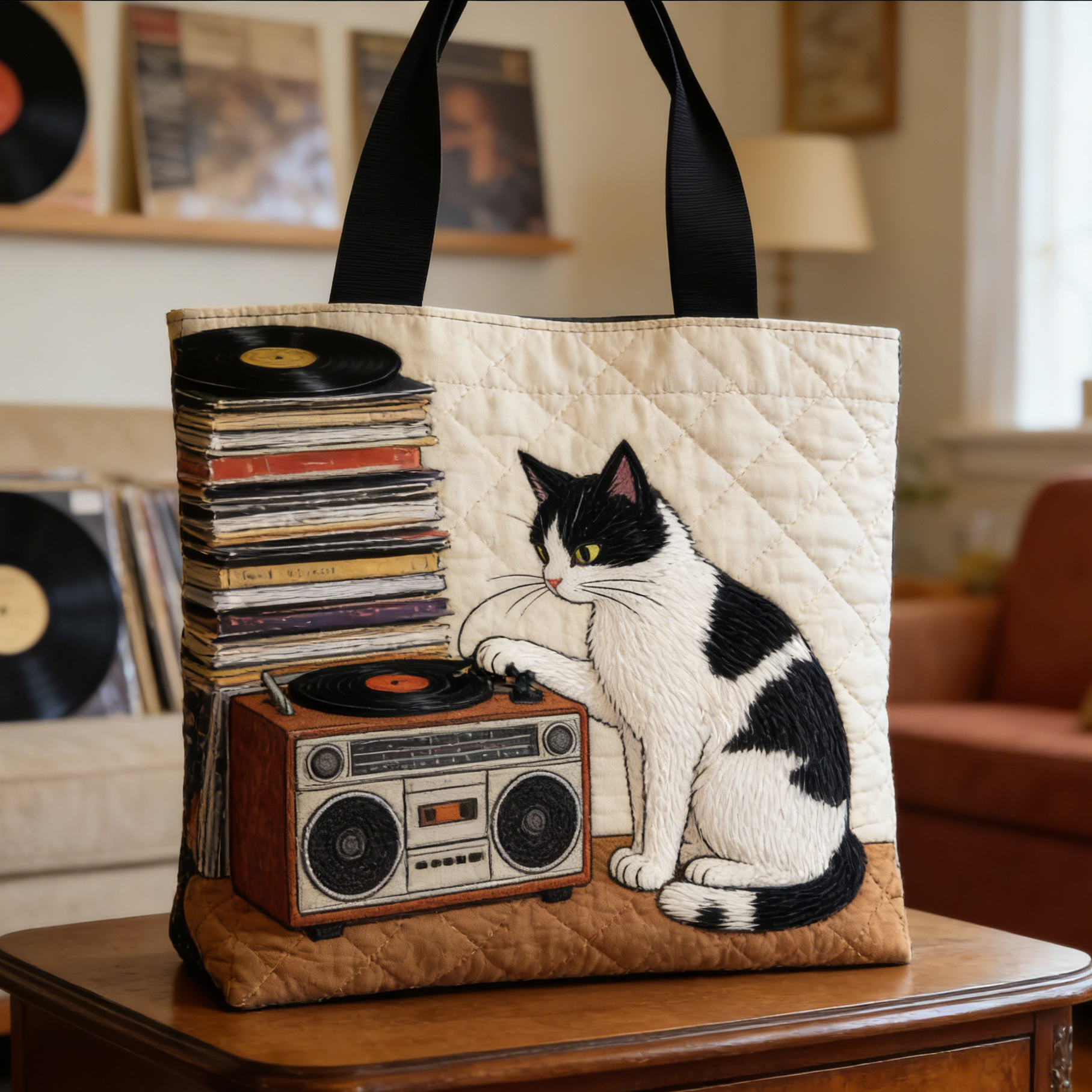 Vintage Cat & Vinyl Record Player Quilted Tote Bag IKL9278
