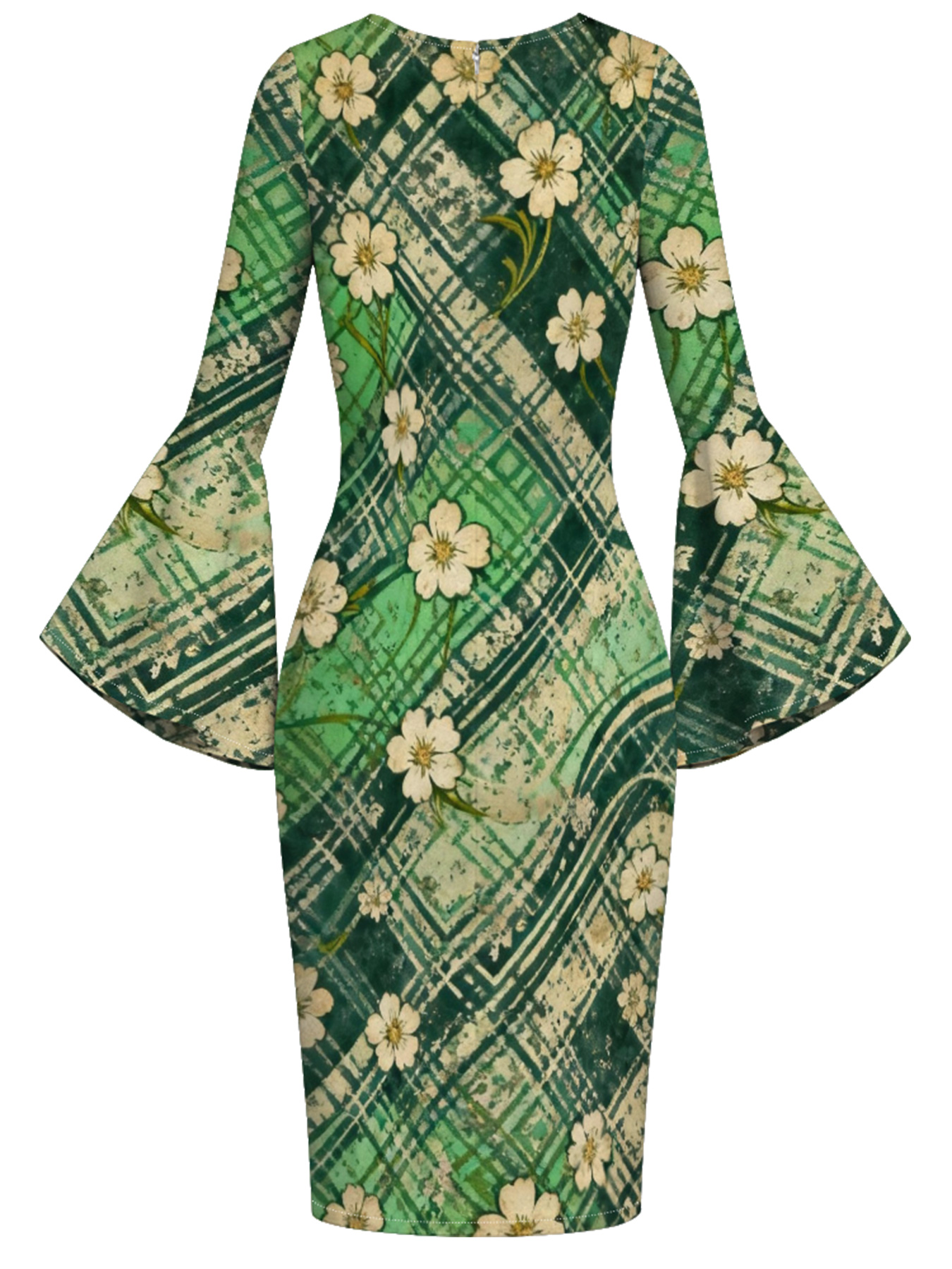 Green Plaid Floral Flare Sleeve Bodycon Midi Dress DCB840