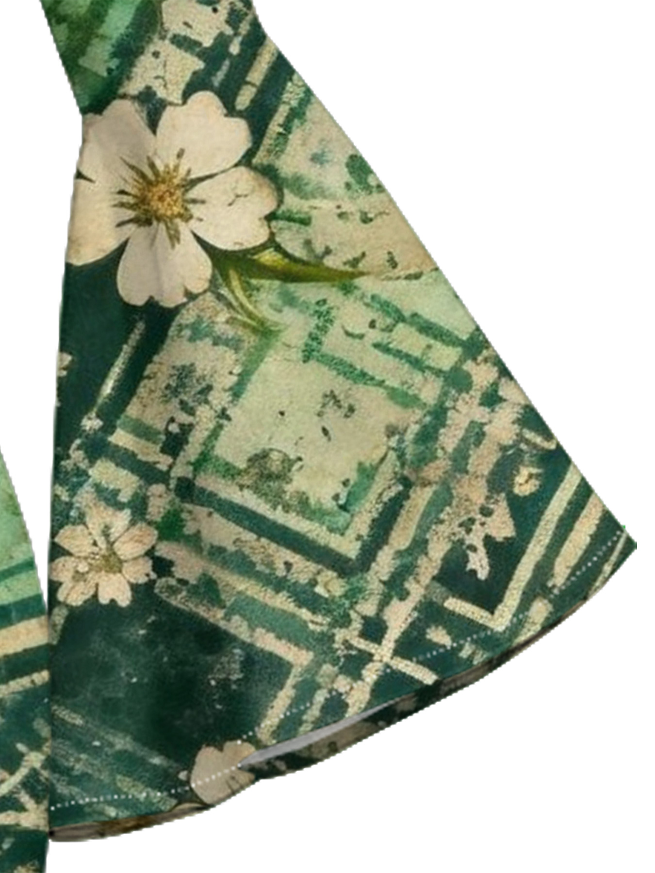 Green Plaid Floral Flare Sleeve Bodycon Midi Dress DCB840