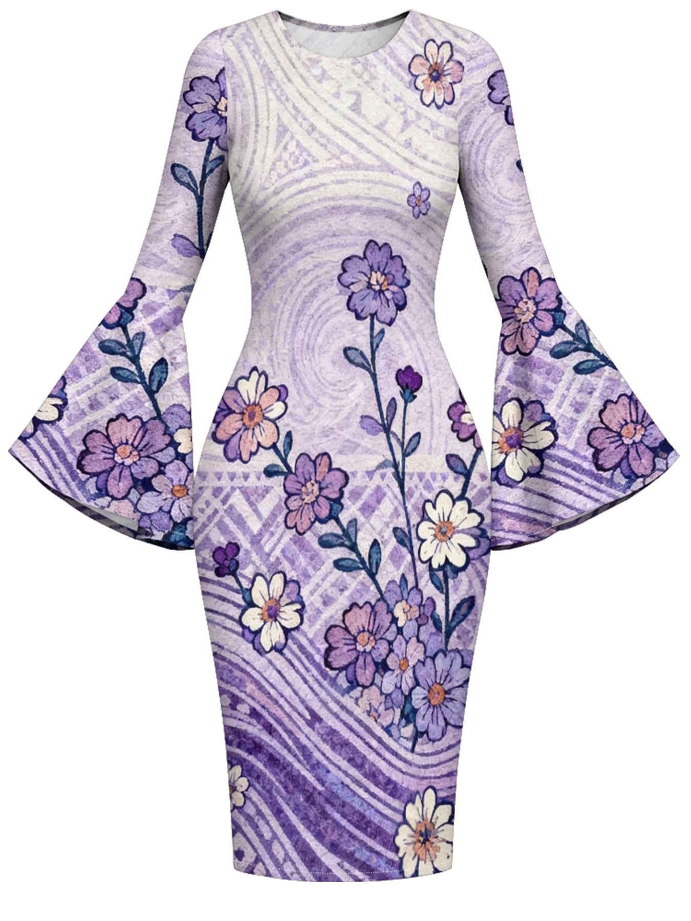 Lavender Swirl Floral Flare Sleeve Bodycon Midi Dress XWU620