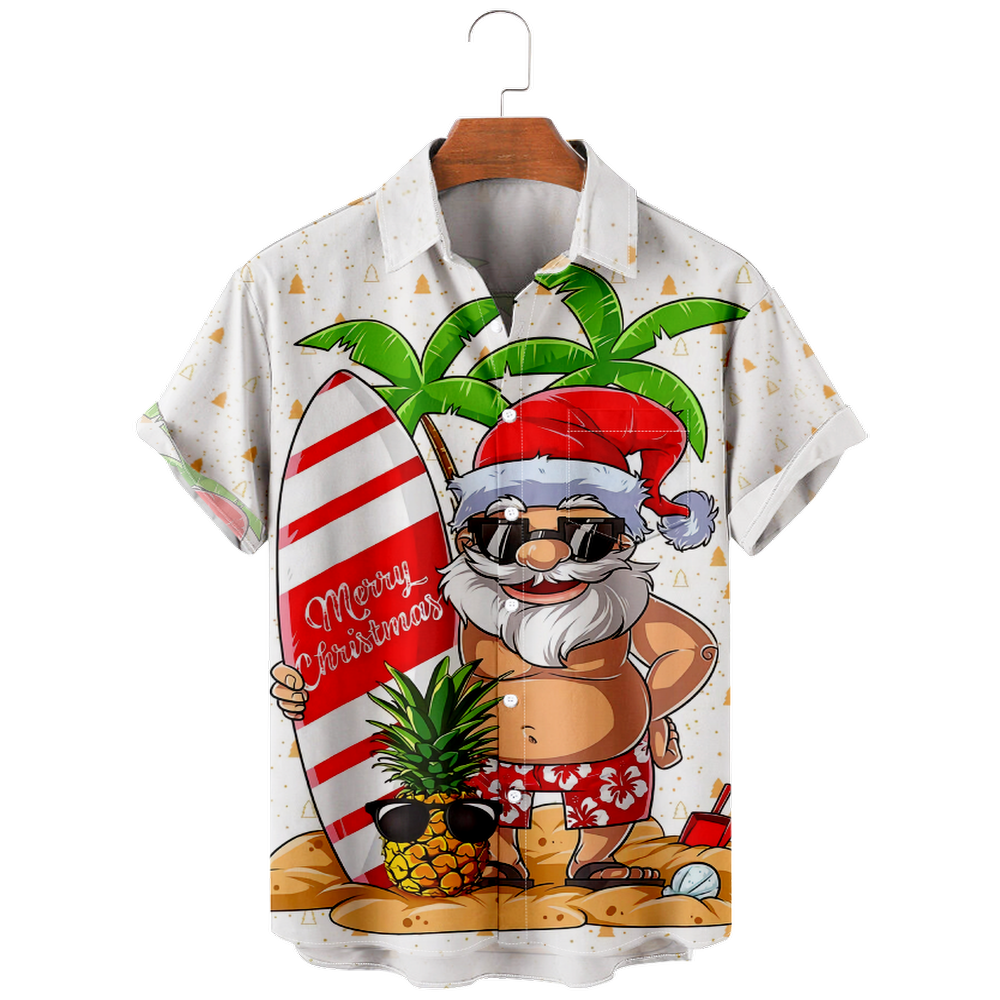 Men Christmas Day Beach Shirts Short Sleeve Pocket Shirts