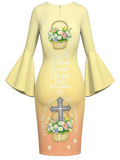 Butter Yellow Floral Basket Cross Easter Flare Sleeve Bodycon Midi Dress