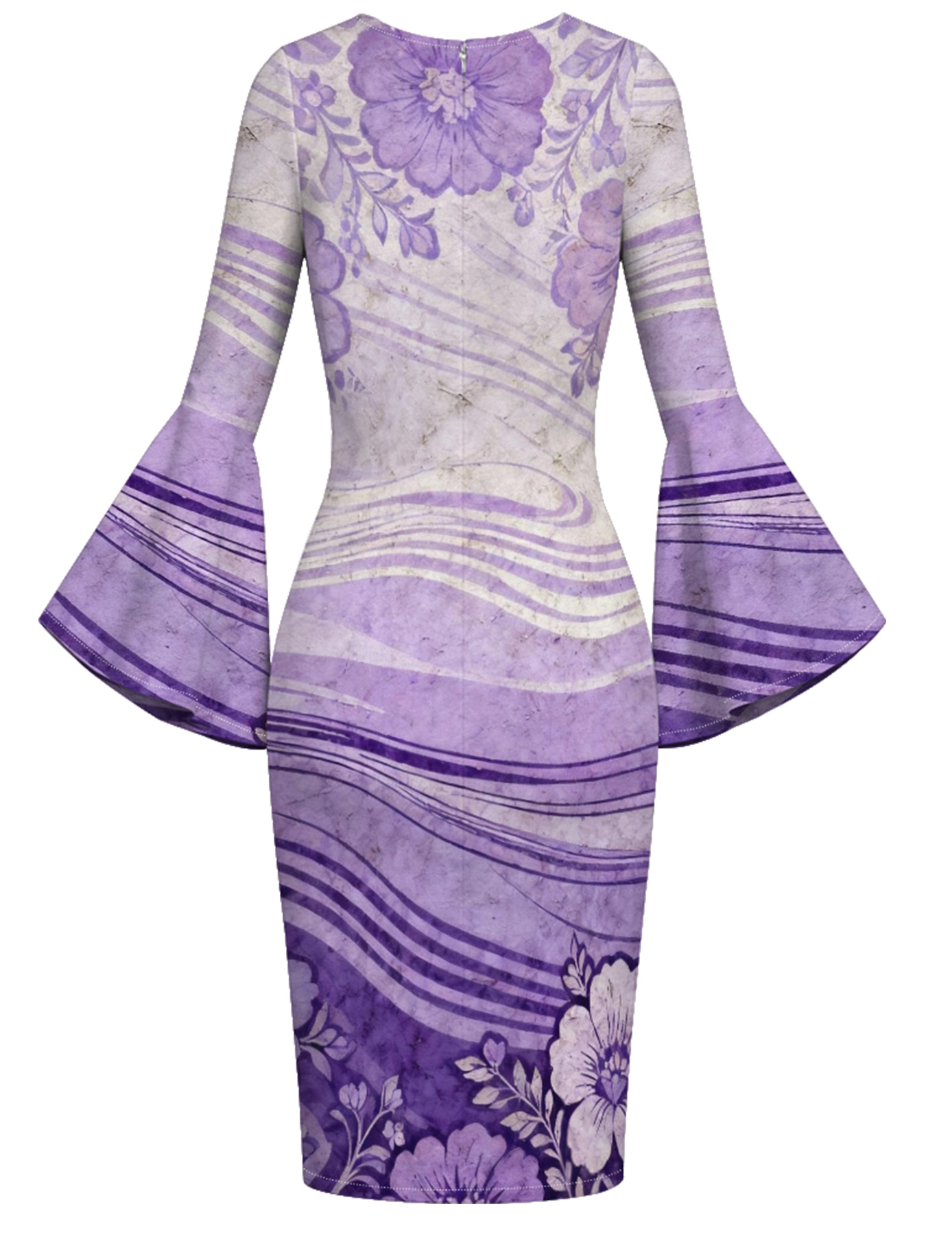 Lavender Watercolor Floral Flare Sleeve Bodycon Midi Dress JIH741