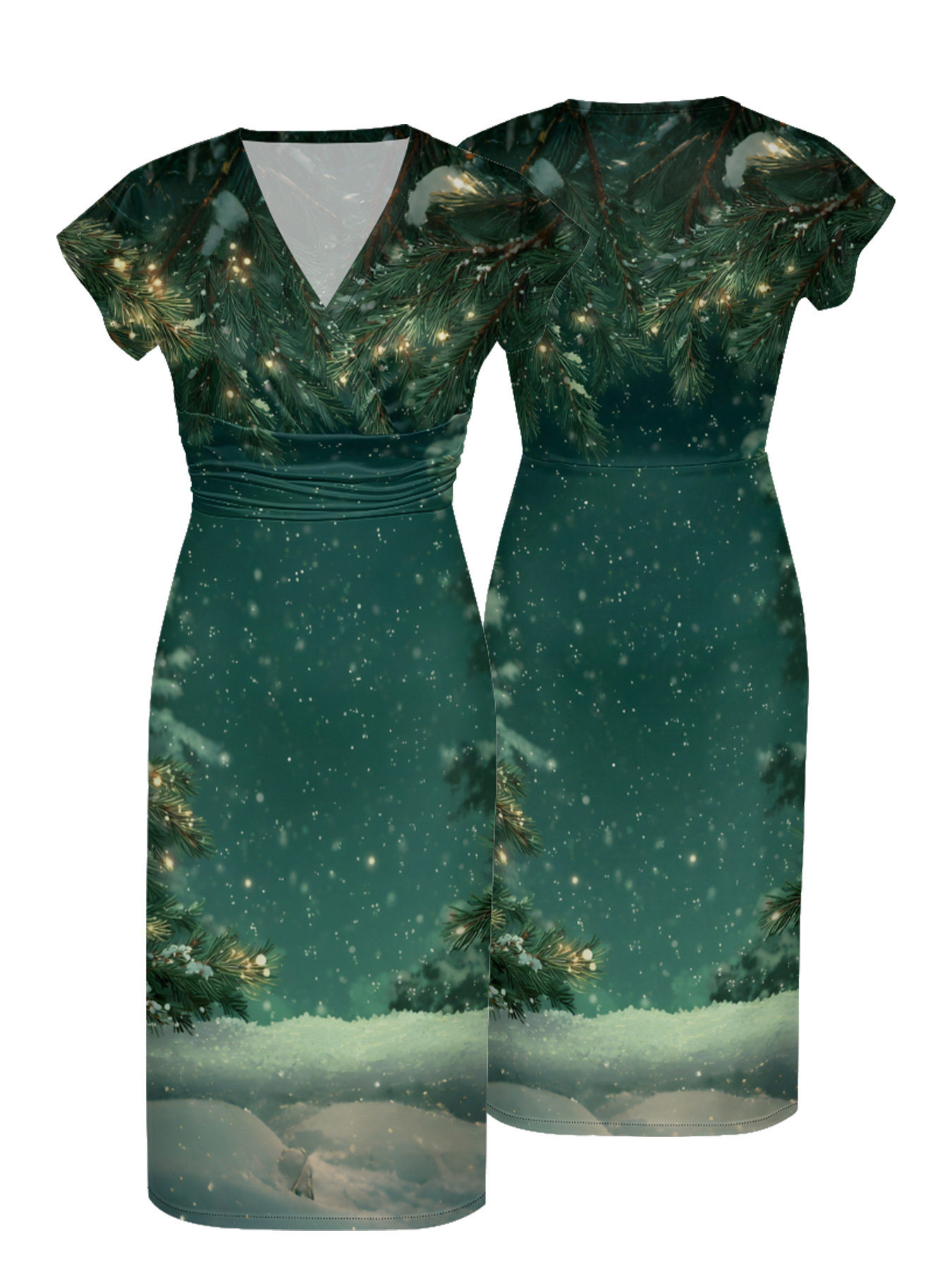Winter Pine & Snow Cap Sleeve V-Neck Midi Dress