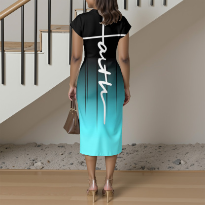 Black Turquoise Gradient Cap Sleeve V-Neck Midi Dress ACF864