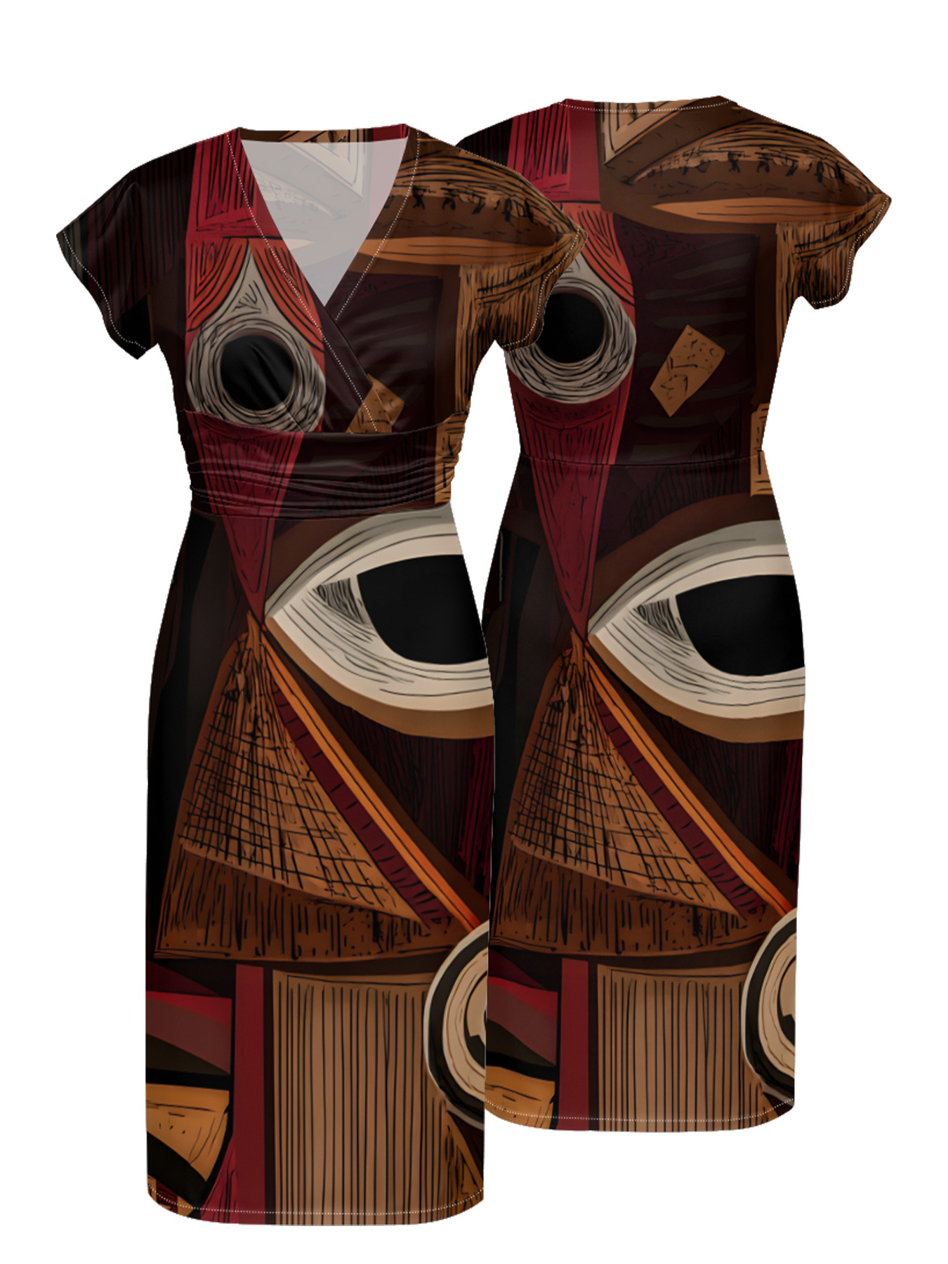 Retro Abstract Cap Sleeve V-Neck Midi Dress