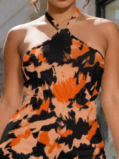 Orange & Black Abstract Camo Sleeveless Halter Jumpsuit