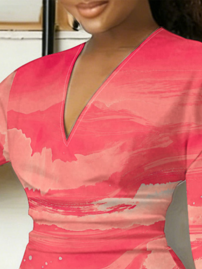 Coral Wave Print V-Neck Bodycon Midi Dress