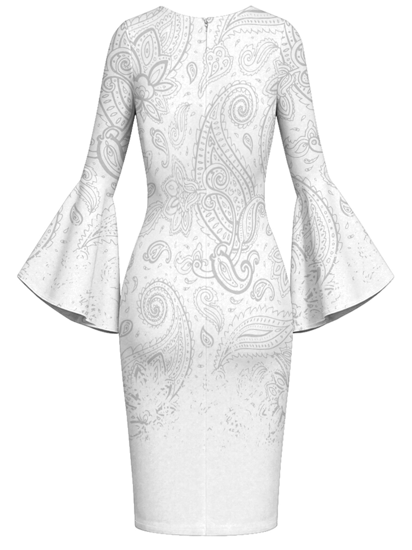 White Gradient Paisley Flare Sleeve Bodycon Midi Dress