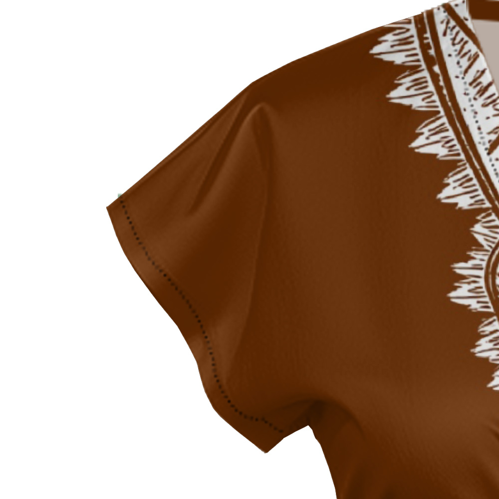 Terracotta White Tribal Cap Sleeve V-Neck Midi Dress