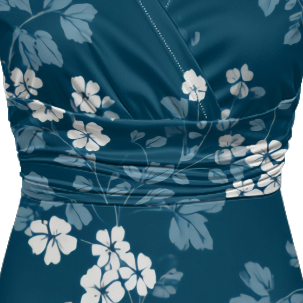 Teal & White Floral Cap Sleeve V-Neck Midi Dress ADG148