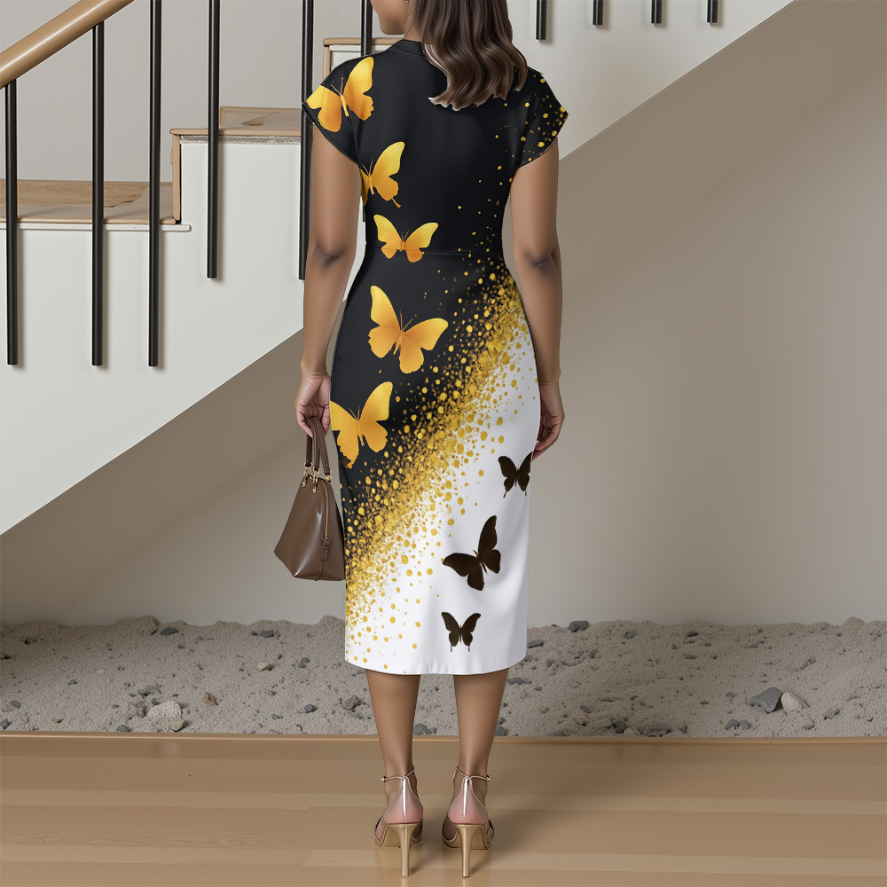 Black White Gold Butterfly Cap Sleeve V-Neck Midi Dress AEG642