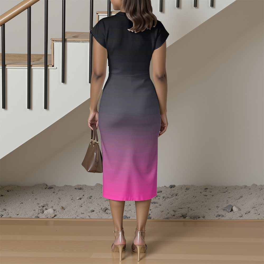 Black to Pink Ombre Cap Sleeve V-Neck Midi Dress BEH741