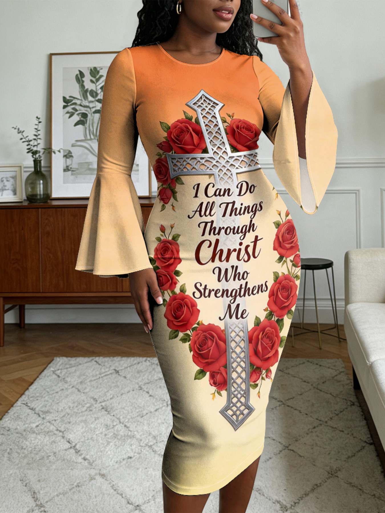 Flare Sleeve Bodycon Midi Dress