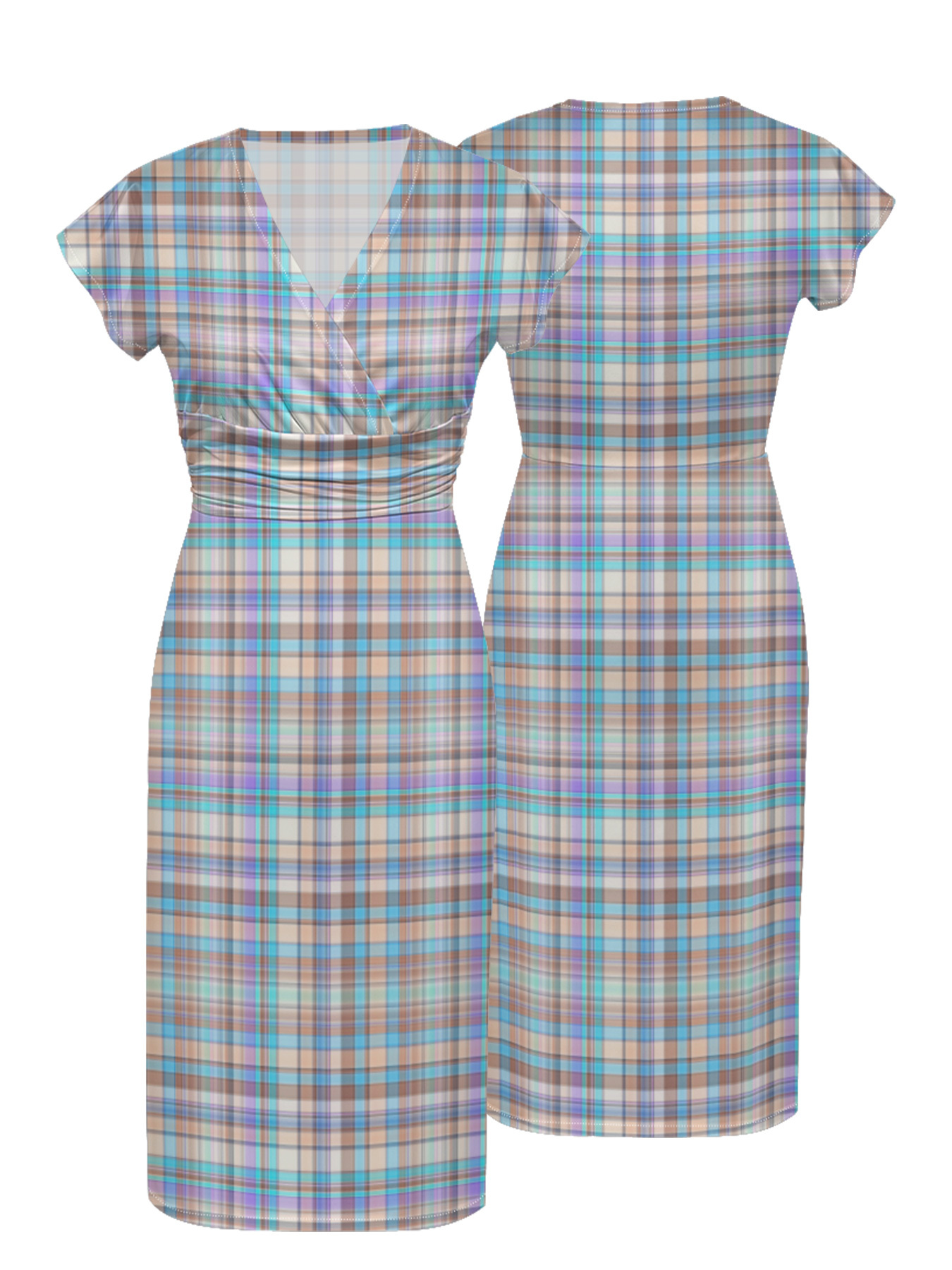 Pastel Plaid Cap Sleeve V-Neck Midi Dress