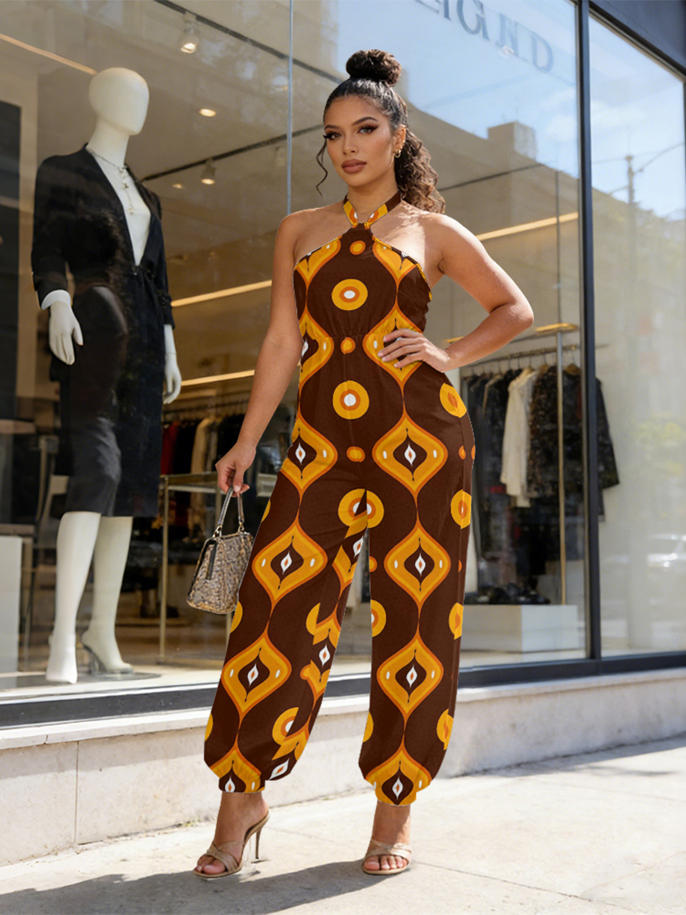 Earth Tone Geometric Sleeveless Halter Jumpsuit