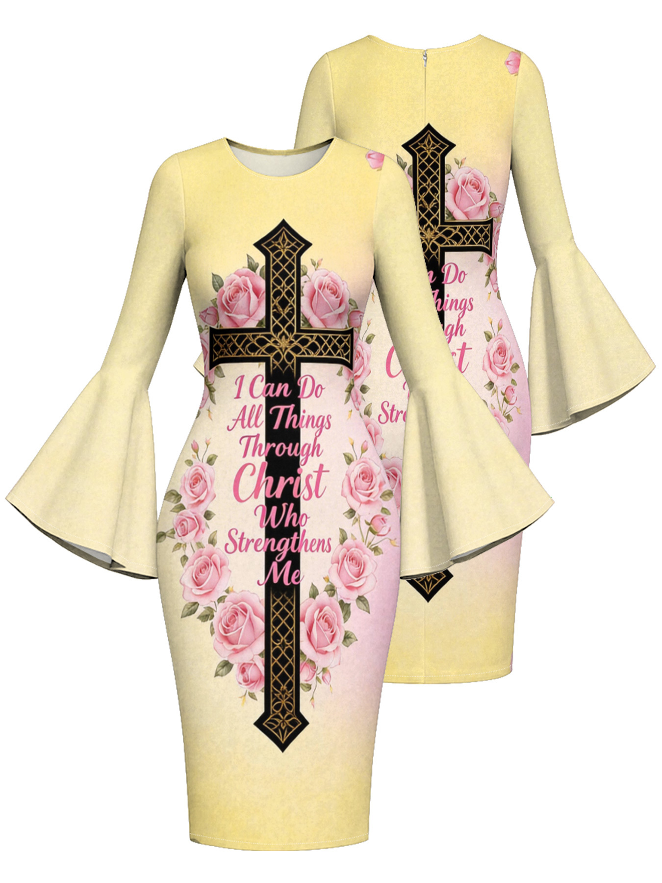Butter Yellow Christian Cross Easter Flare Sleeve Bodycon Midi Dress