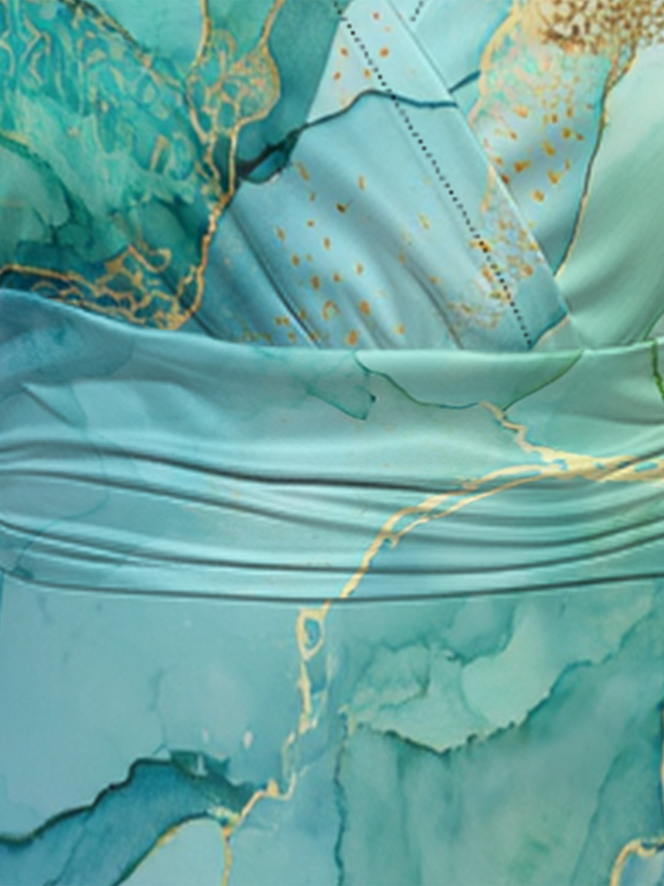 Teal & Gold Marble Cap Sleeve V-Neck Midi Dress OIJUY8624