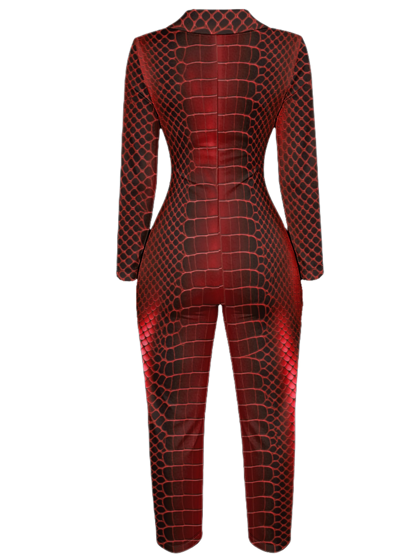 Red Snake Skin Long Sleeve Zip-Up Jumpsuit 