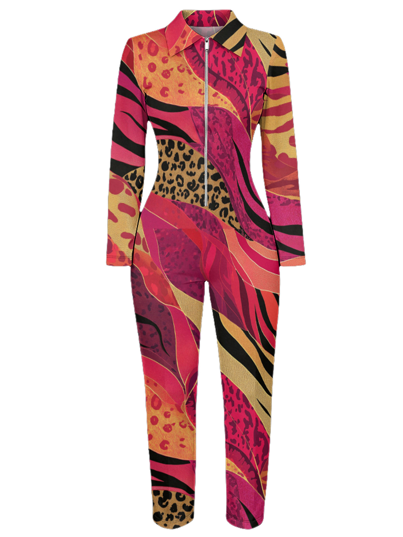 Pink & Orange Leopard Stripe Long Sleeve Zip-Up Jumpsuit 