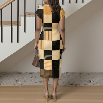 Black & Tan Geometric Patchwork Cap Sleeve V-Neck Midi Dress VTS714