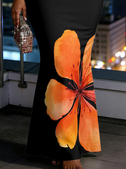 Black Tropical Hibiscus Spaghetti Strap Mermaid Dress TUV7654