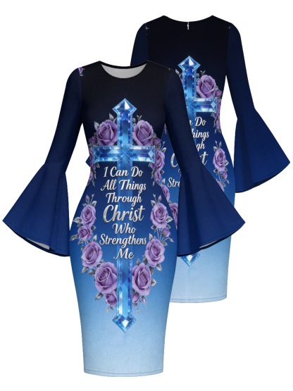 Gradient Blue Crystal Cross Easter Flare Sleeve Bodycon Midi Dress