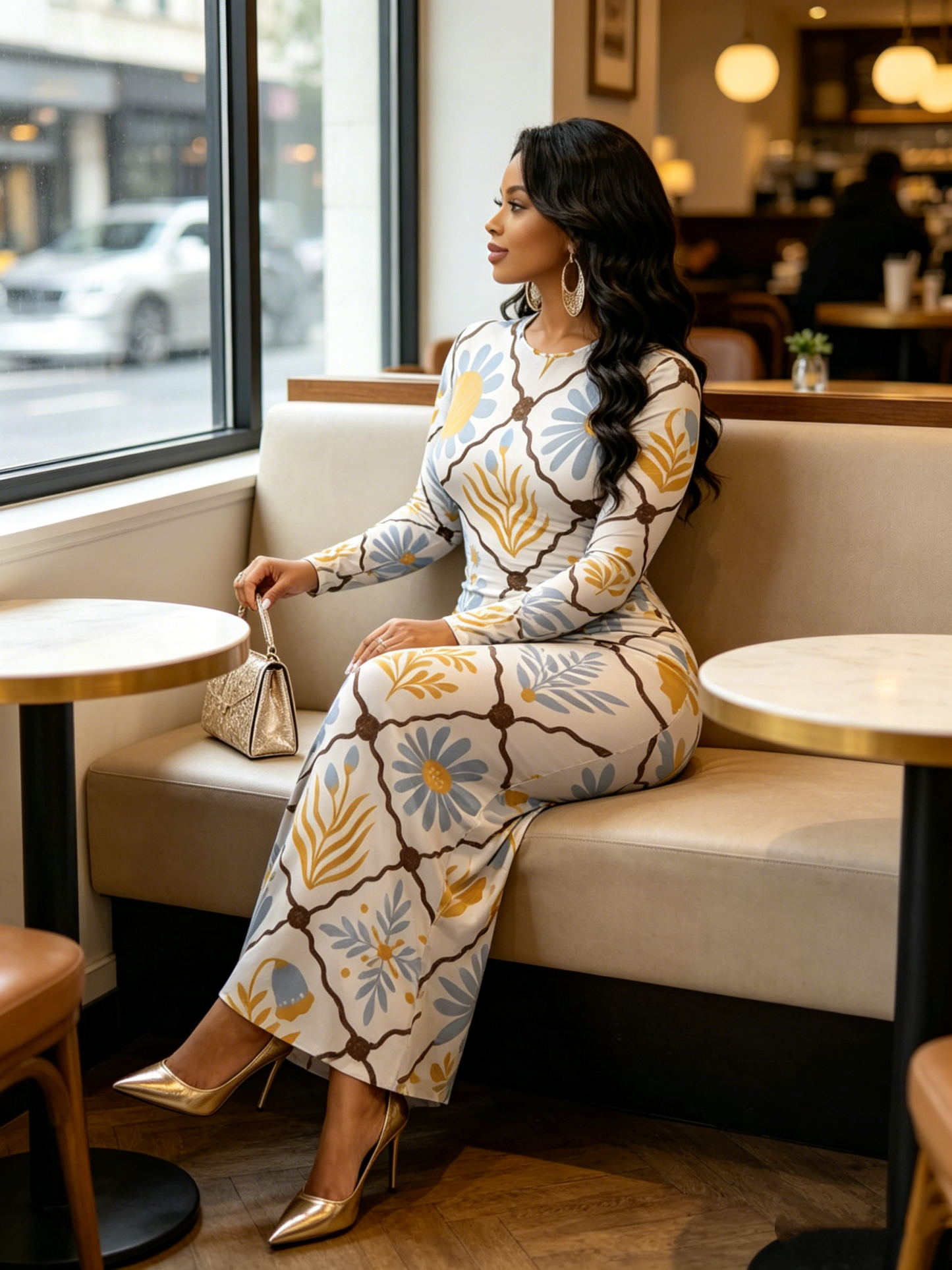 Botanical Tile Round Sleeve Neck Long Bodycon Dress