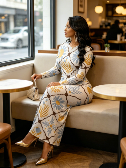 Botanical Tile Round Sleeve Neck Long Bodycon Dress