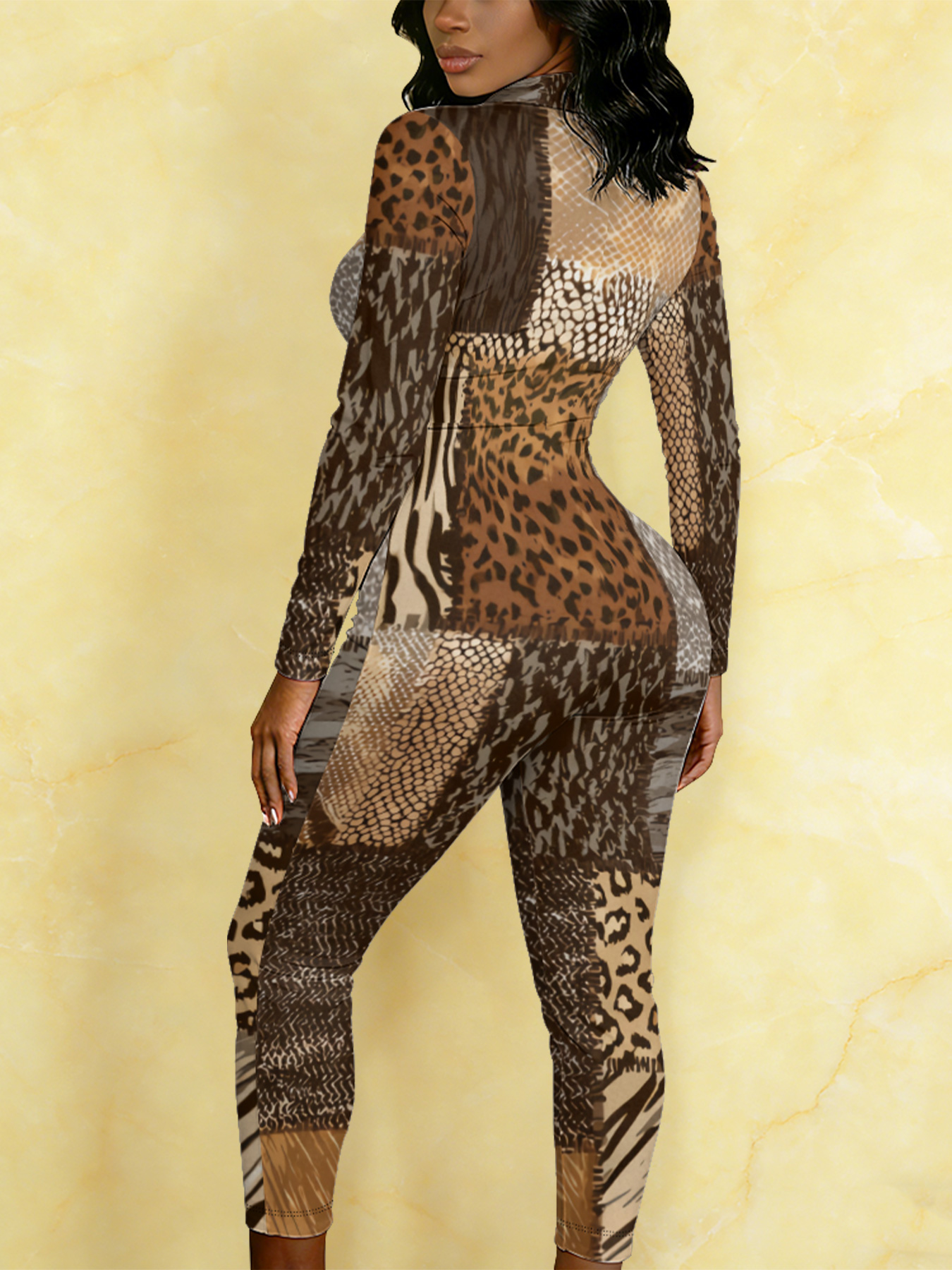 Fit Patchwork Animal Print Long Sleeve Zip-Up Jumpsuit