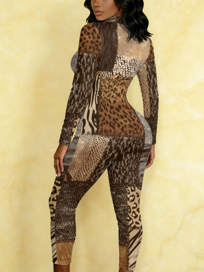 Fit Patchwork Animal Print Long Sleeve Zip-Up Jumpsuit