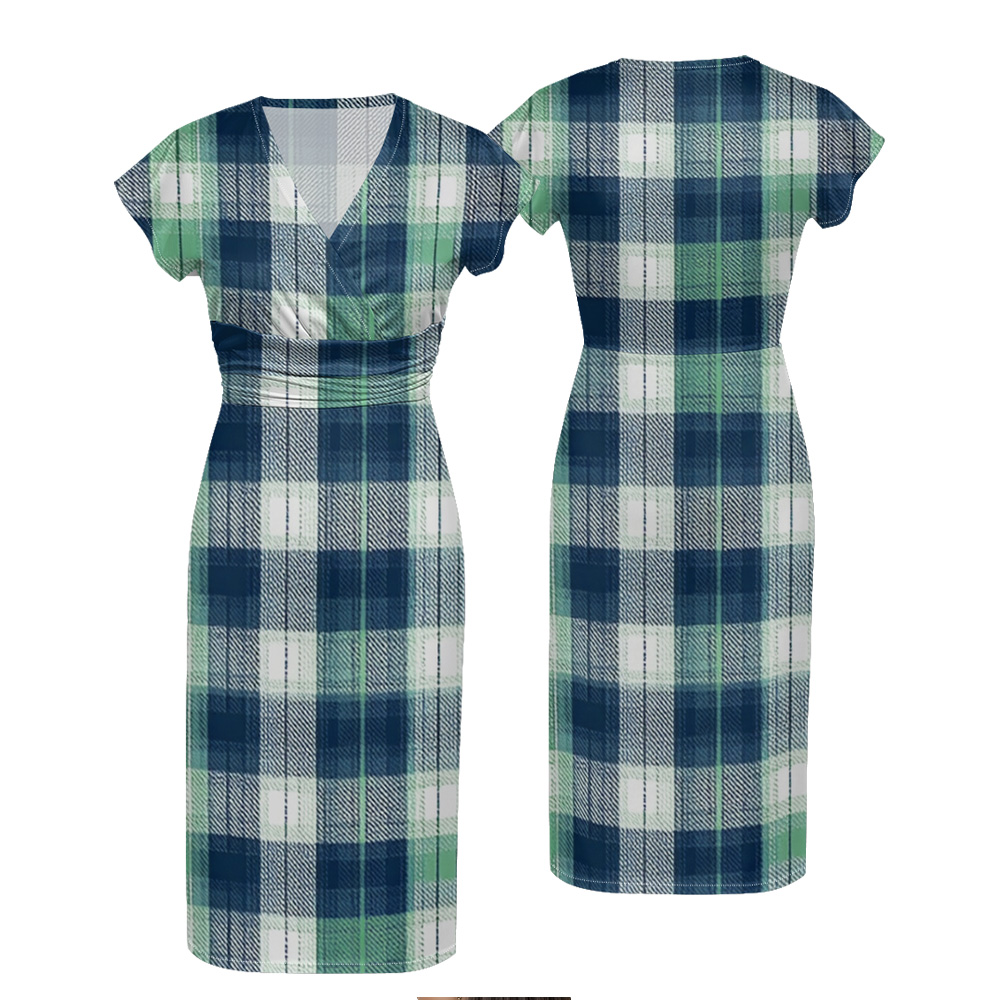 Blue & Green Plaid Cap Sleeve V-Neck Midi Dress BCF167