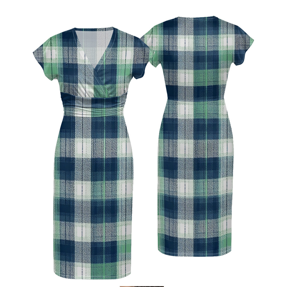 Blue & Green Plaid Cap Sleeve V-Neck Midi Dress BCF167