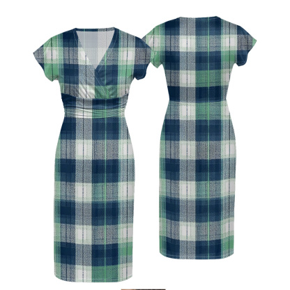 Blue & Green Plaid Cap Sleeve V-Neck Midi Dress BCF167