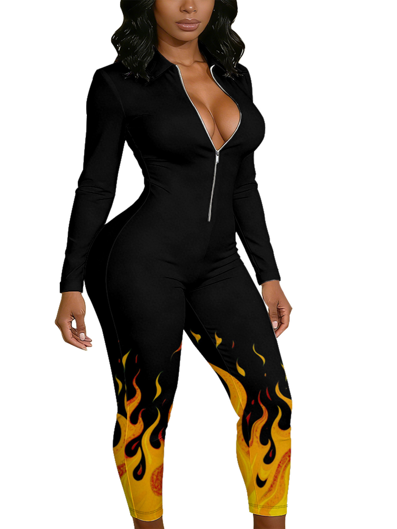 Black & Flame Long Sleeve Zip-Up Jumpsuit 