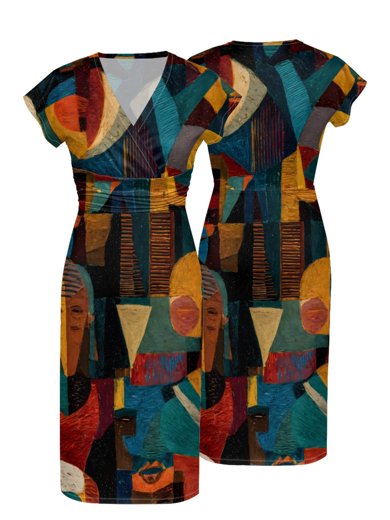 Cubist Print Cap Sleeve V-Neck Midi Dress