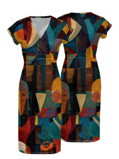 Cubist Print Cap Sleeve V-Neck Midi Dress