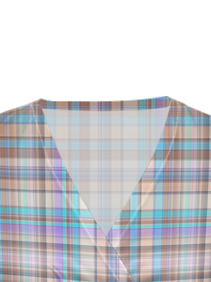 Pastel Plaid Cap Sleeve V-Neck Midi Dress