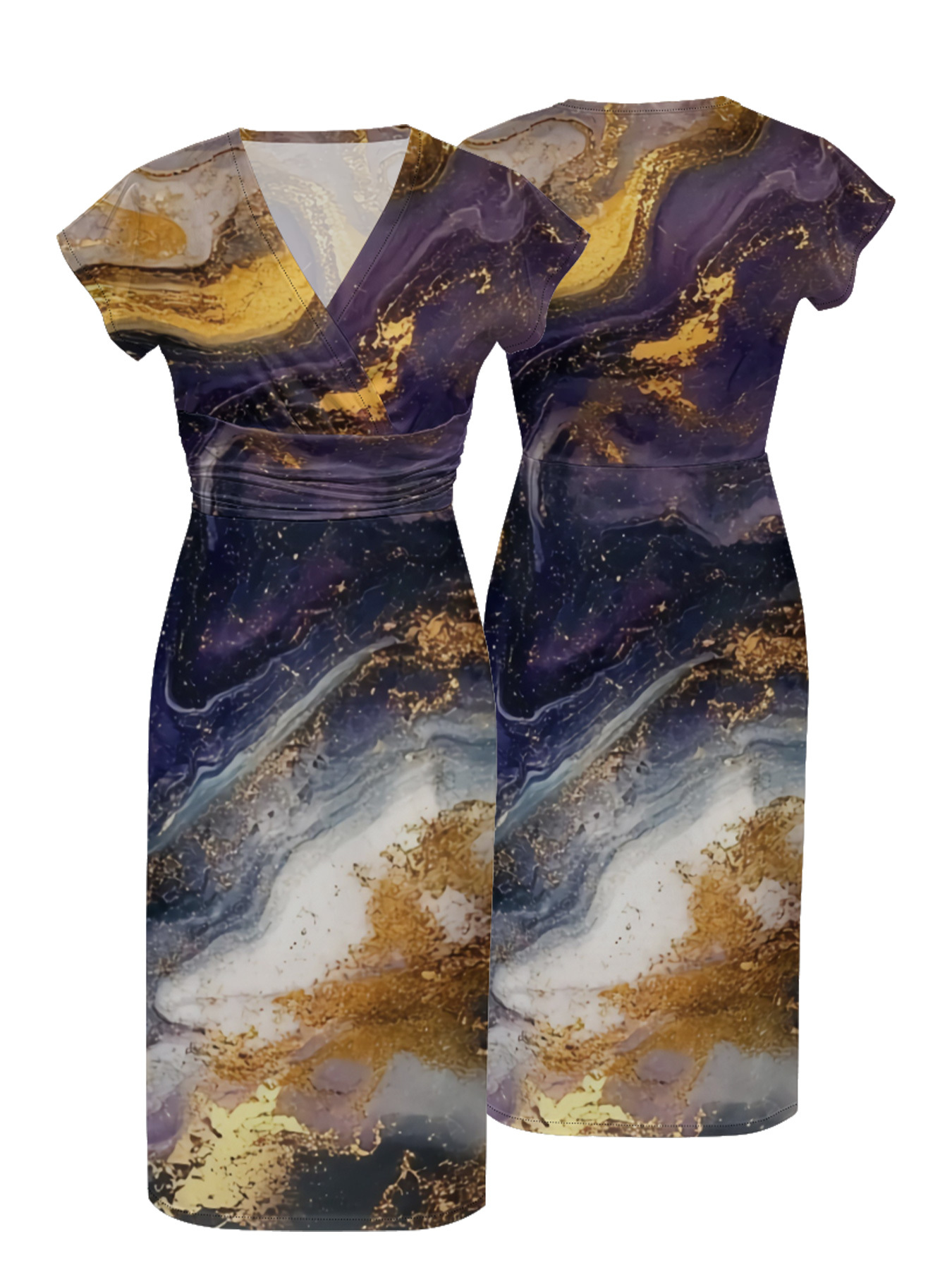Purple & Gold Galaxy Marble Cap Sleeve V-Neck Midi Dress