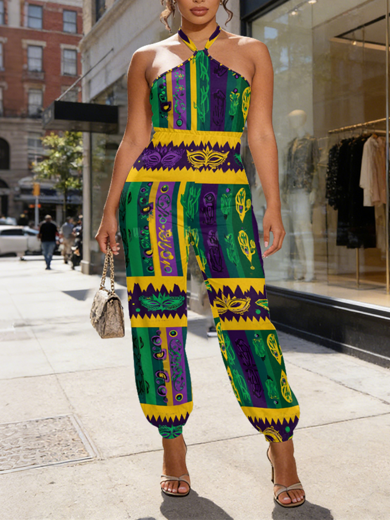 Mardi Gras Stripe Sleeveless Halter Jumpsuit