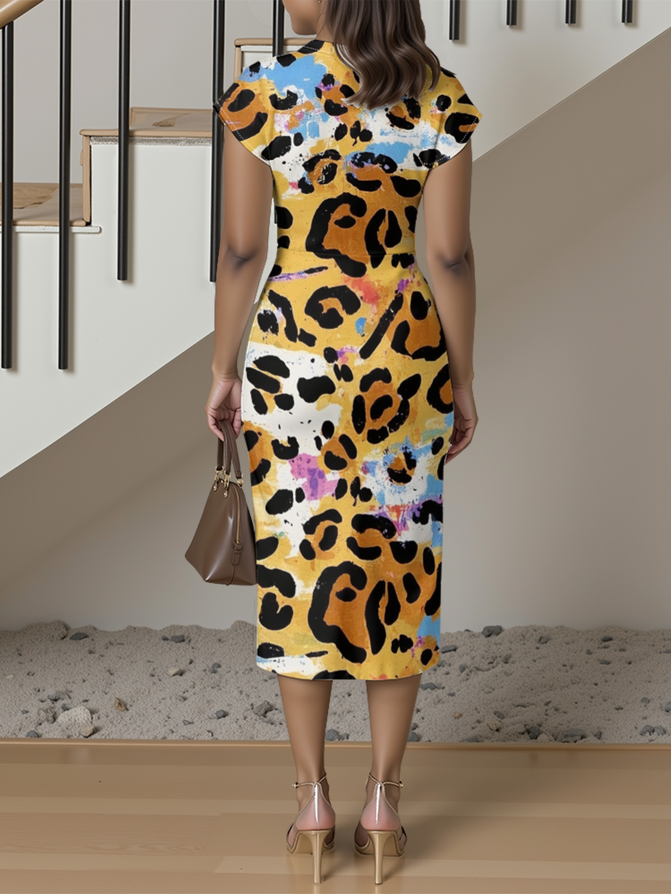 Multicolor Watercolor Cap Sleeve V-Neck Midi Dress IUJH3150