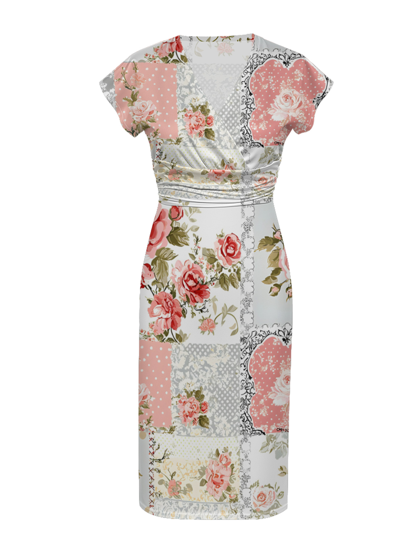 Romantic Vintage Rose Lace Patchwork Cap Sleeve V-Neck Midi Dress IUO0182