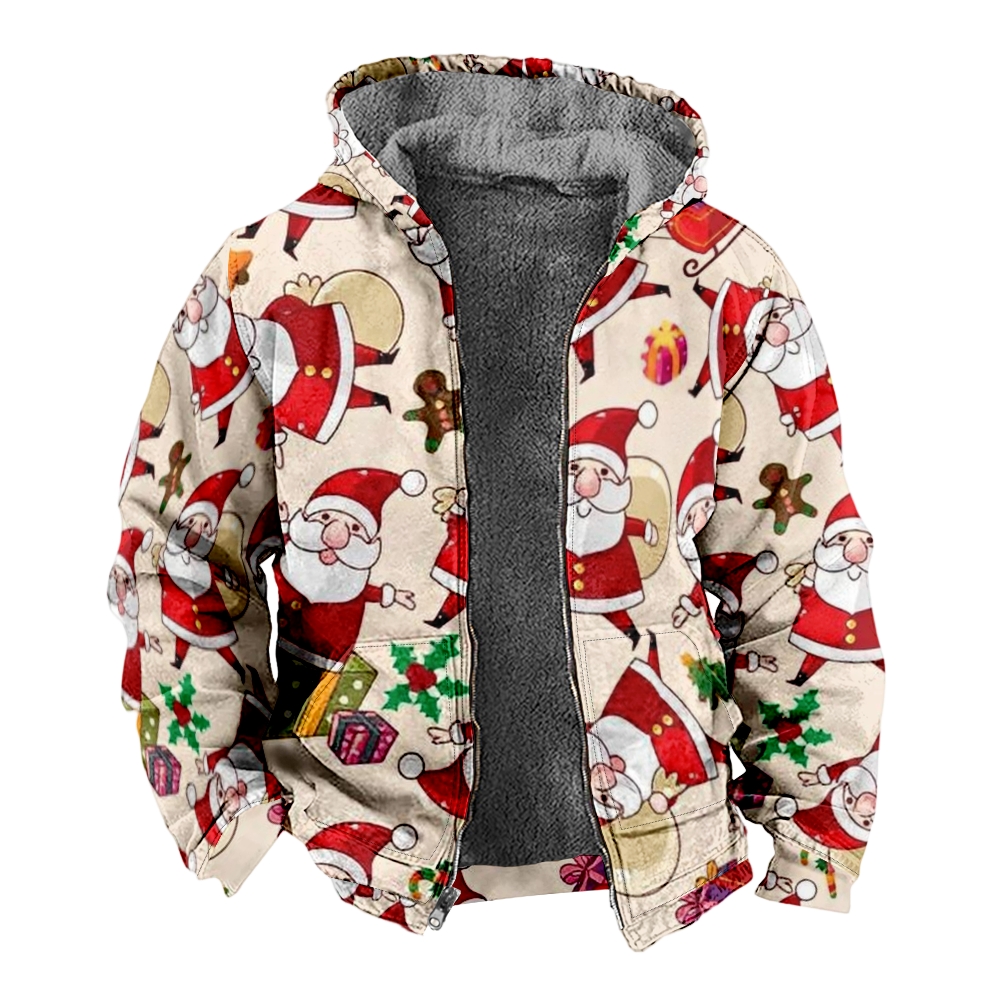 Christmas Day Print Hooded Zipper Cotton Jacket